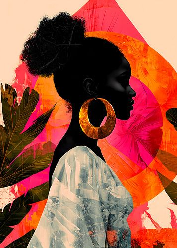 Art abstrait tropical représentant une femme noire et des feuilles colorées