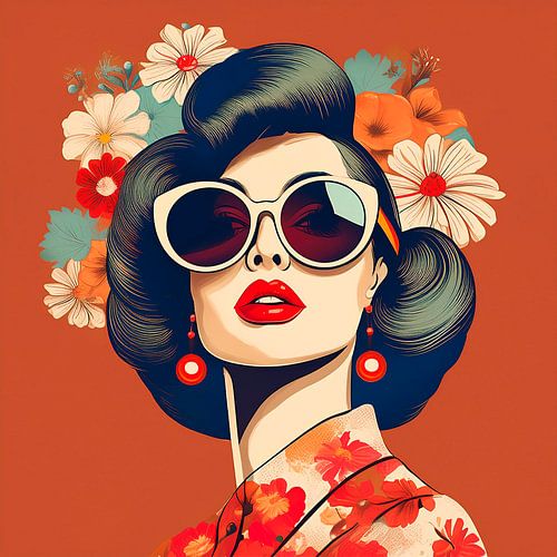 Femme au look rétro avec des fleurs dans les cheveux, Série : Colourful Retro -1