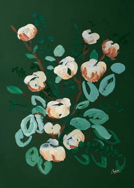 'Celadon' | Fleurs | Nature morte abstraite moderne de fleurs vert foncé par Ceder Art