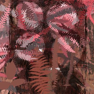 Art botanique abstrait moderne. Feuilles de fougère en rouge, brun et rouille sur Dina Dankers