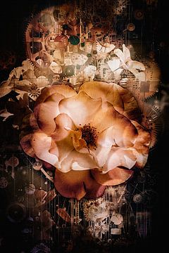 De perzik roos en het tandwiel tussen de pinksterbloemen van Helga Blanke