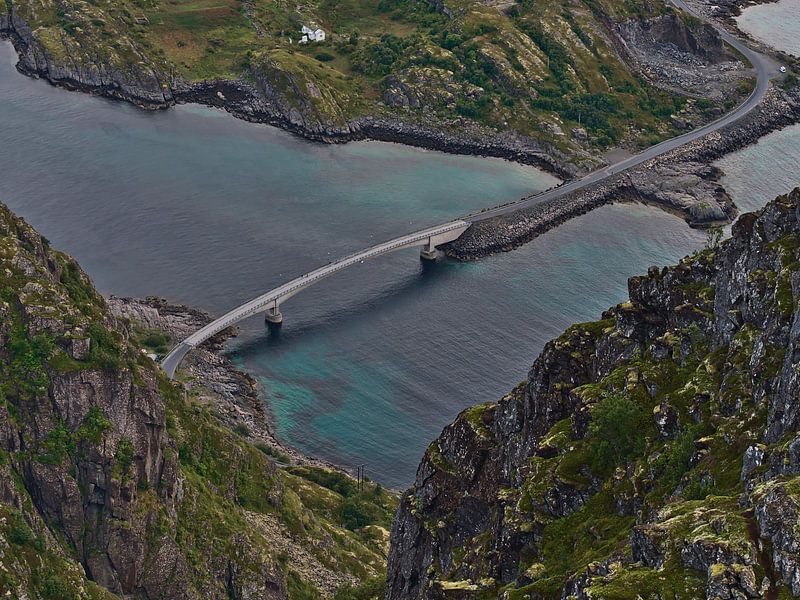 Engoysundet bridge near Henningsvær, Lofoten, Norway bird's eye view with turquoise water and rocks by Timon Schneider