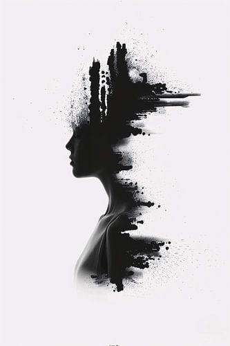 Zwart-wit silhouet met inktvlekken