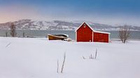 Rode hut in de sneeuw, Noorwegen van Adelheid Smitt thumbnail