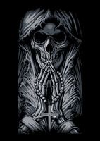 ein Totenkopf im Gewand, der betet