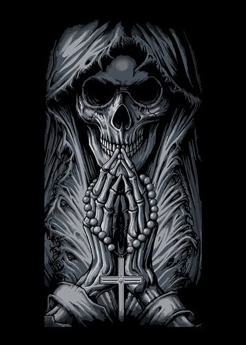ein Totenkopf im Gewand, der betet