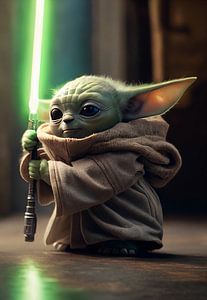 Baby Yoda met lichtzwaard van drdigitaldesign