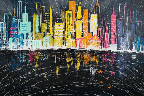 Skyline - Digitaal Kunstwerk in Zwart en Regenboog kleuren