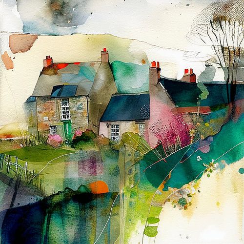 aquarel Landschap, seizoensgebonden dorp