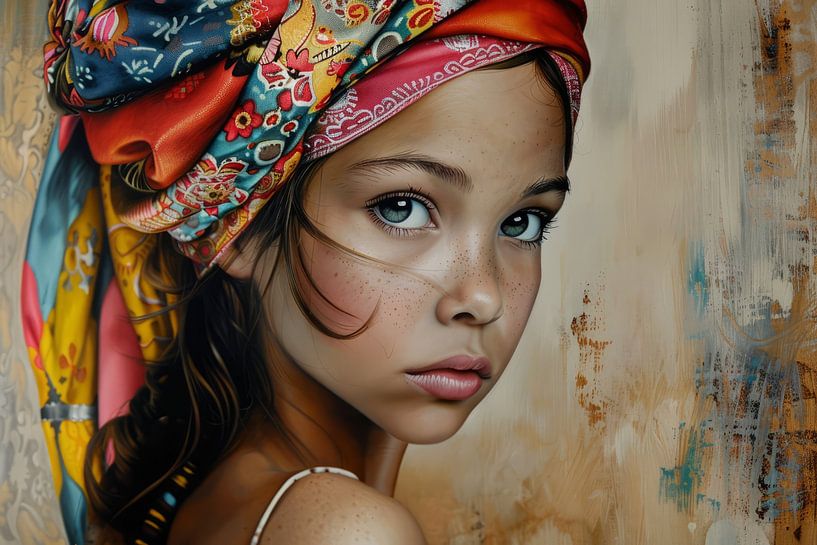 Portrait of a girl with a colourful cloth around her head by Atelier Pink Blossom