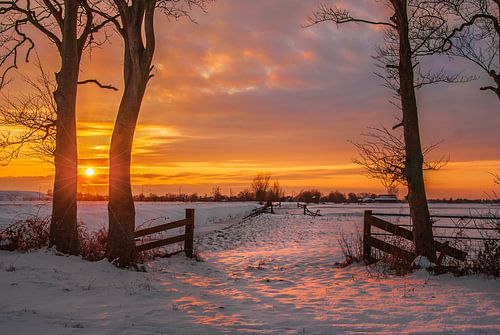Zonsondergang in de besneeuwde Grootegaster molenpolder