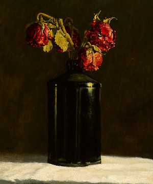 Rote Rosen in schwarzer Flasche von Bram Stoof