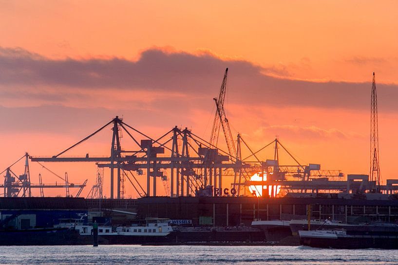 Haven Rotterdam bij zonsondergang van Roel Dijkstra