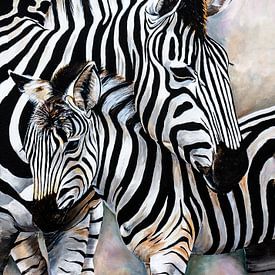 jonge zebra met zebramoeder van Angelique van den Berg