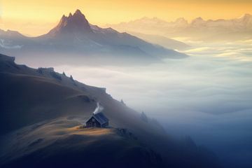 Mountain hut in a beautiful landscape in the mist by Studio Allee