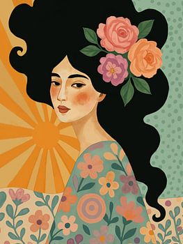 Modern Art Nouveau portret van een vrouw in de zon