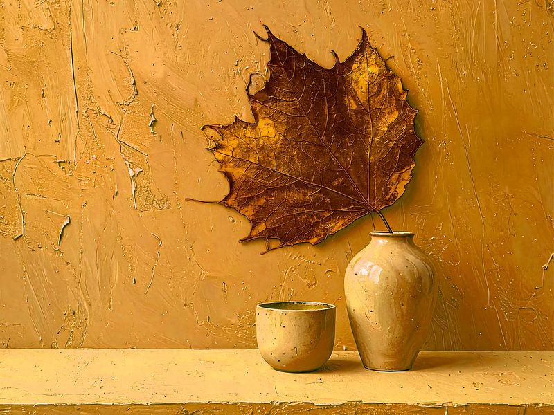 Modernes Stilleben in Senfgelb mit Goldbronze von Studio Pieternel