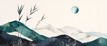 Berglandschap met maan en bamboetakken van Poster Art Shop