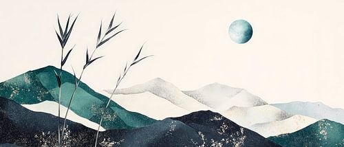 Mountain landscape with moon and bamboo branches