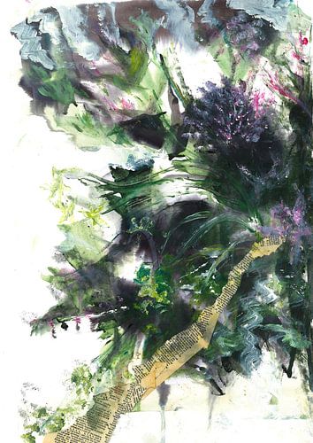 Histoires florales, peinture d'un bouquet de fleurs bleues avec collage de rubans provenant d'un vieux livre