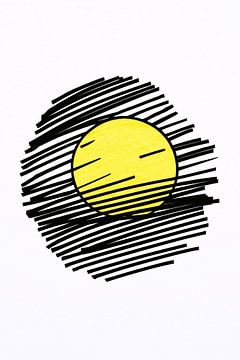 Gele zon met dynamische zwarte lijnen van De Muurdecoratie
