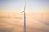 Windturbines in de Mist (zonsopkomst) van Droninger thumbnail