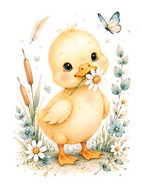 Adorable Baby Duck with Daisy Flower – Whimsical Watercolor Nursery Art by DNArt Gallery's