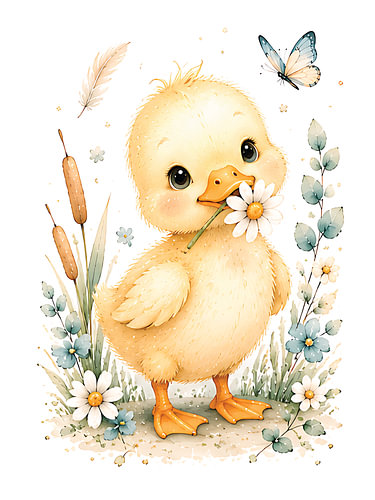 Entzückendes Entchen mit Gänseblümchen – Verspieltes Aquarellbild für das Kinderzimmer