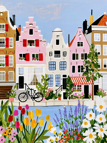 Amsterdam canal-side houses with flowers, a bicycle and spring colours