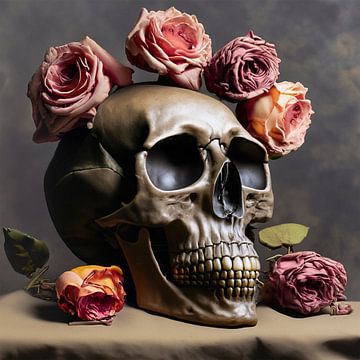 De skull met roze rozen van Corina Rumping