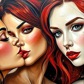 Le baiser : intimité, passion et harmonie dans la relation tripartite de trois femmes sur AidasignArt