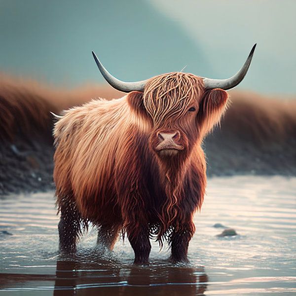 Schottischer Highlander auf dem Wasser von Harvey Hicks