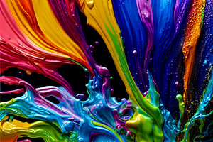 Explodierende flüssige Farbe in Regenbogenfarben mit Spritzern