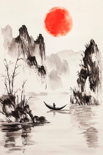 Vooruitziende zonsondergang bij de rivier