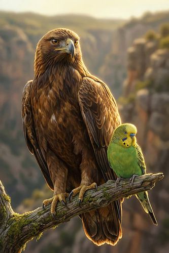 Vriendschap tussen dieren adelaar en parkiet