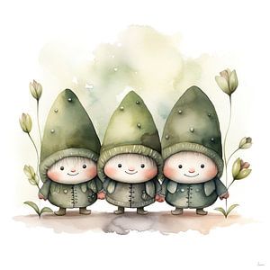 Trois gnomes dans les tons verts sur Lauri Creates