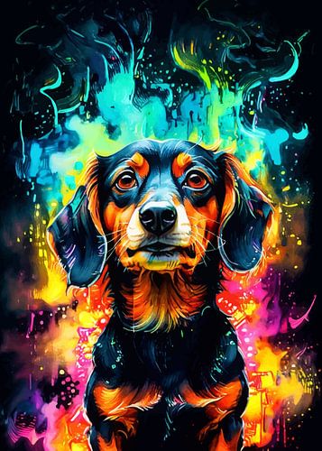 Neon waterverfkunst met teckel – Expressieve poster met hond voor aan de muur