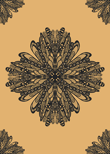 Intricate Black Line Art Floral Mandala Illustration on Warm Ochre Background