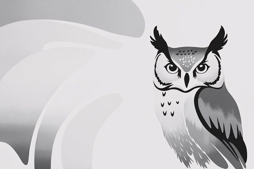 Black-and-white minimalist owl drawing by Art & Soul Creations