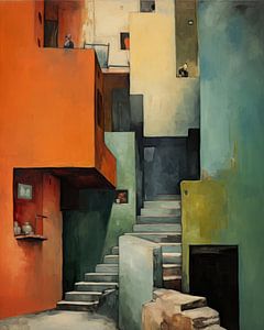 Bunte Stadt mit Gassen und Treppen