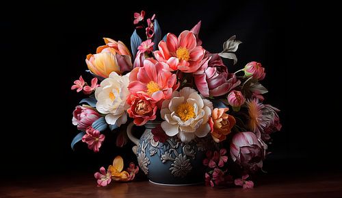 stilleven van groot boeket tulpen op oude blauwe vaas