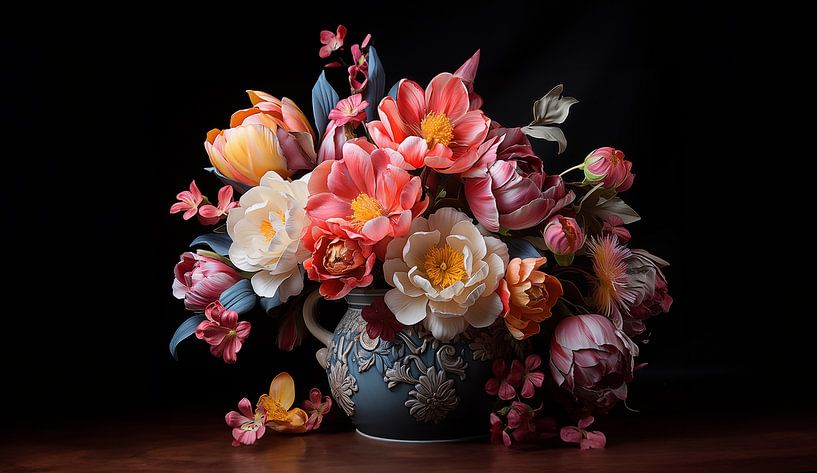 stillleben eines großen tulpenstraußes auf alter blauer vase von Margriet Hulsker
