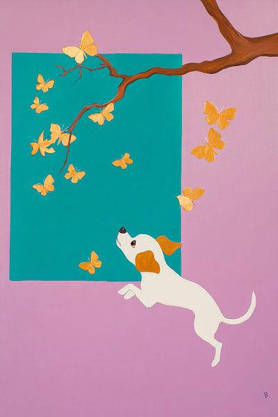 Puppy chases butterflies in spring by Poster Art Shop