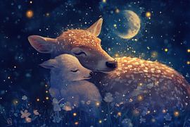 Hirsch und Lamm in nächtlicher Umarmung im Sternenlicht