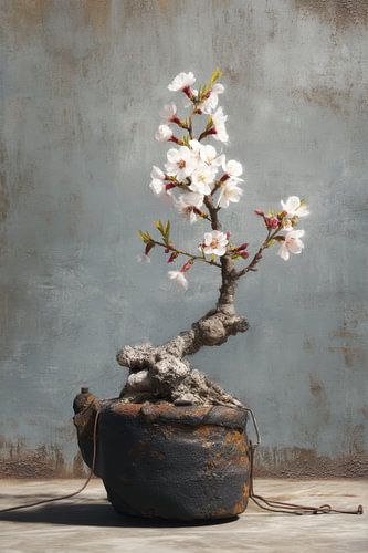 Stilleven Bloeiende bonsai in donkere pot