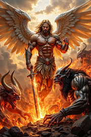 Dark Fantasy Art Wandbild: AUREVION - Der heroische Erzengel umgeben von Dämonen von INFERAURUM - Dark Fantasy Wall Art