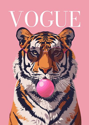 Affiche de mode représentant un tigre élégant portant des lunettes de soleil et faisant des bulles de chewing-gum rose