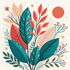 Botanische Gelassenheit: Eine lebhafte abstrakte Komposition aus üppigem Laub und skurriler Flora unter einer warmen Sonne von Artistic