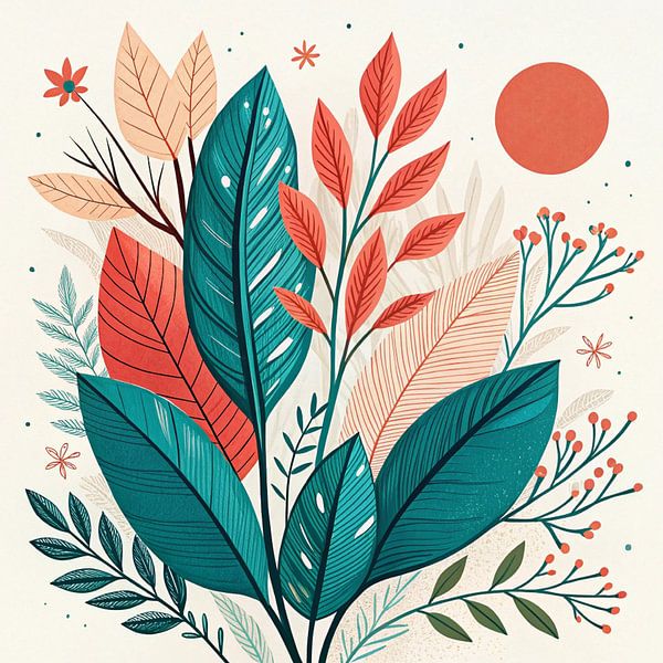 Botanische sereniteit: Een levendige abstracte compositie van weelderig gebladerte en grillige bloemen onder een warme zon van Artistic