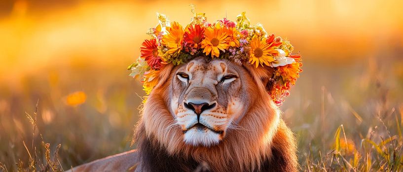 Lion with wreath of flowers in the sunset by Poster Art Shop